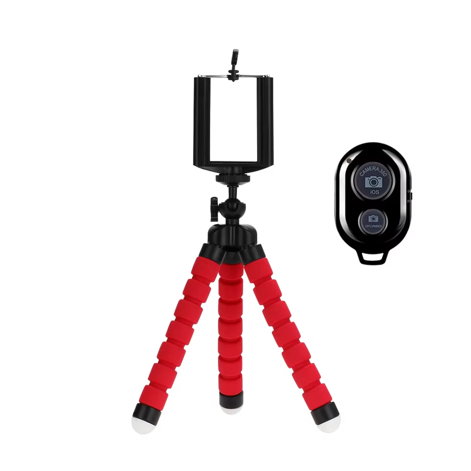 Adjustable Phone Tripod with Bluetooth Remote and Universal Phone Holder in Remote RedT