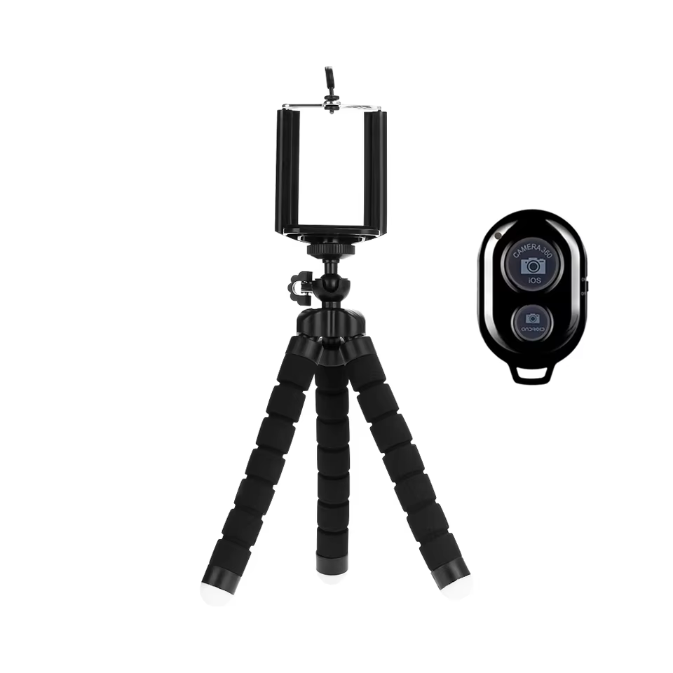 Adjustable Phone Tripod with Bluetooth Remote and Universal Phone Holder in Remote BlackT
