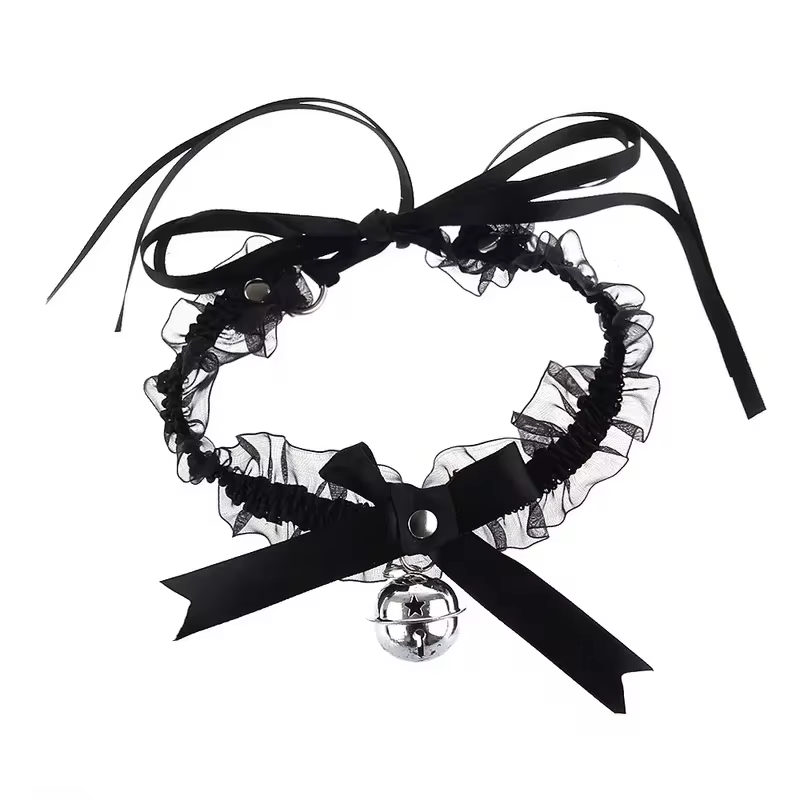 Bow Knot Bell Choker Necklace - Classic Close-Fitting Aesthetic Lace Necklace for Everyday Style in Black, view 5