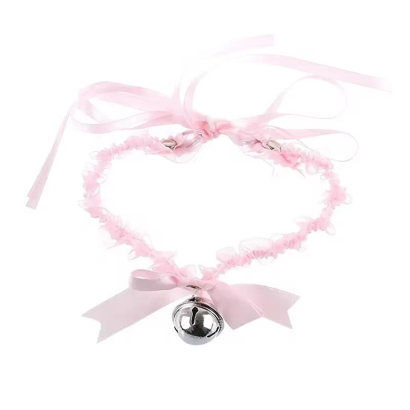 Bow Knot Bell Choker Necklace - Classic Close-Fitting Aesthetic Lace Necklace for Everyday Style in Pink, view 3