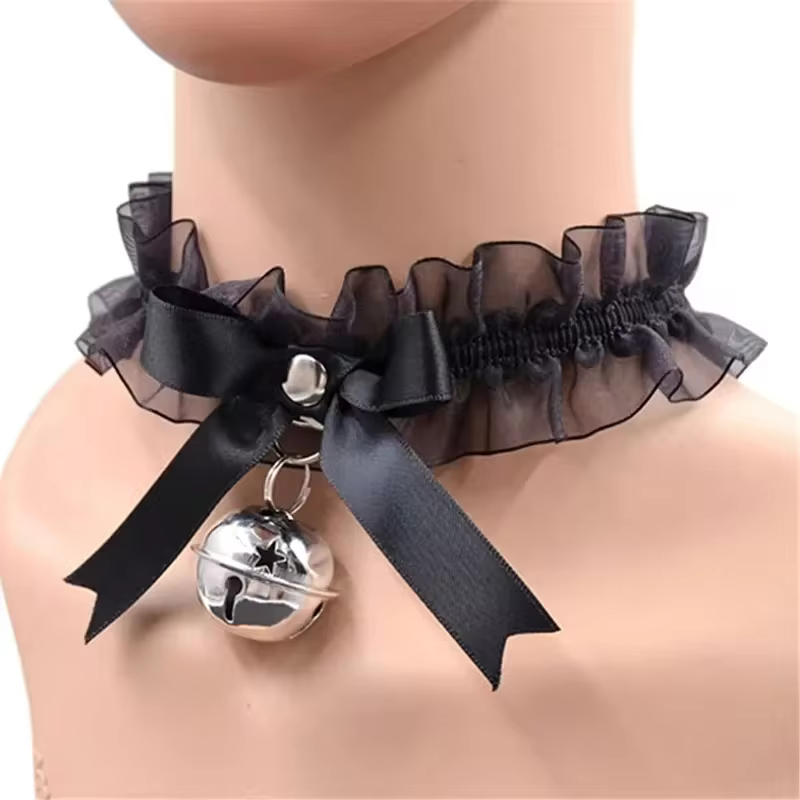 Bow Knot Bell Choker Necklace - Classic Close-Fitting Aesthetic Lace Necklace for Everyday Style in Black, view 2