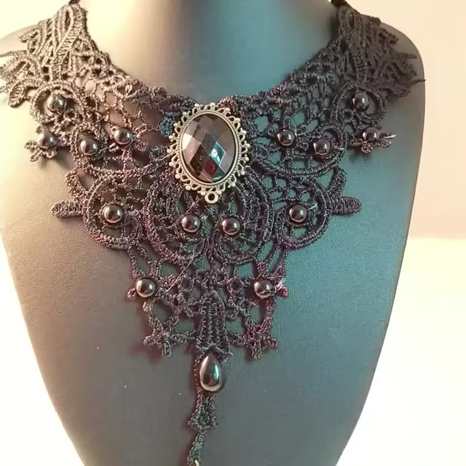 Classic Elegant Black Lace Necklace - Minimalist Everyday Jewellery for Casual and Dressy Styling, view 6