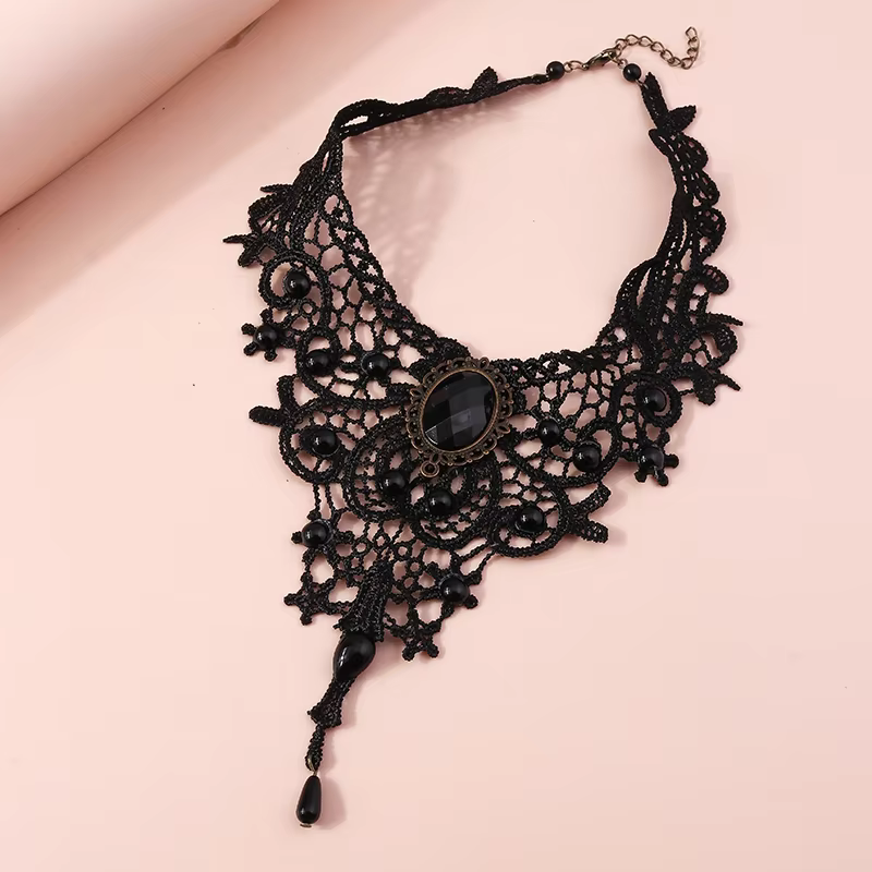 Classic Elegant Black Lace Necklace - Minimalist Everyday Jewellery for Casual and Dressy Styling, view 2