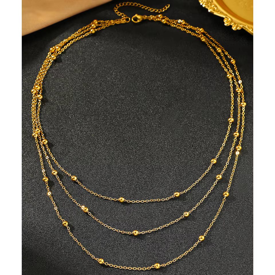 Classic Silver Chain Necklace - Minimalist Everyday Jewellery | Layered beaded chain necklace in Gold, view 4