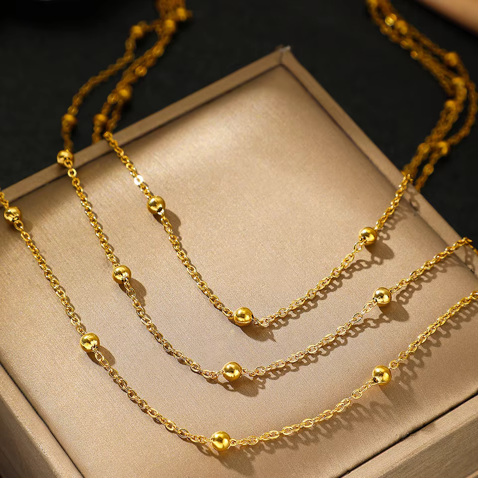 Classic Silver Chain Necklace - Minimalist Everyday Jewellery | Layered beaded chain necklace in Gold, view 3