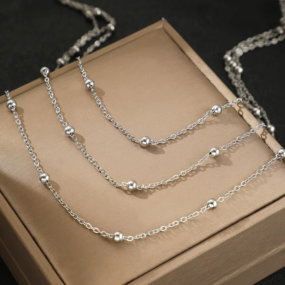 Classic Silver Chain Necklace - Minimalist Everyday Jewellery | Layered beaded chain necklace in Silver, view 4