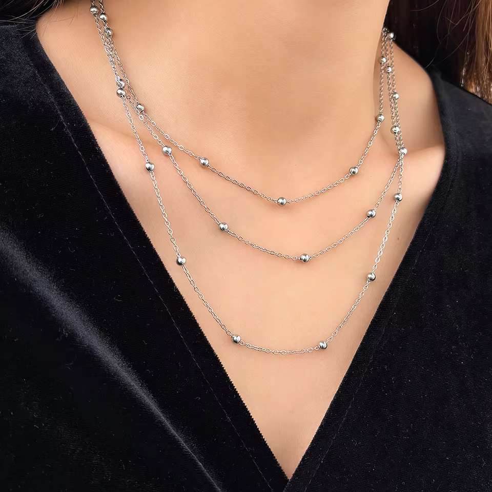 Classic Silver Chain Necklace - Minimalist Everyday Jewellery | Layered beaded chain necklace in Silver, view 3