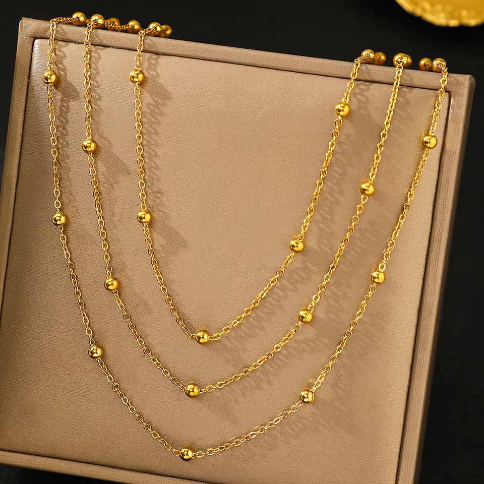 Classic Silver Chain Necklace - Minimalist Everyday Jewellery | Layered beaded chain necklace in Gold, view 2