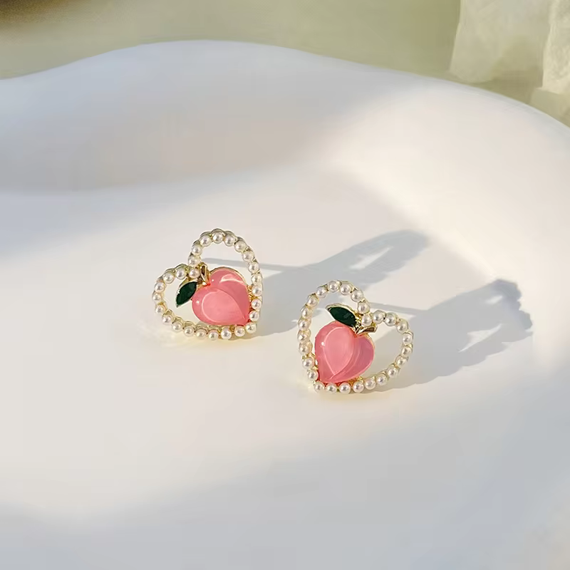 Ear Clips Flower Peach Heart Shaped Earrings , Comfortable and Secure Daily Wear, view 6