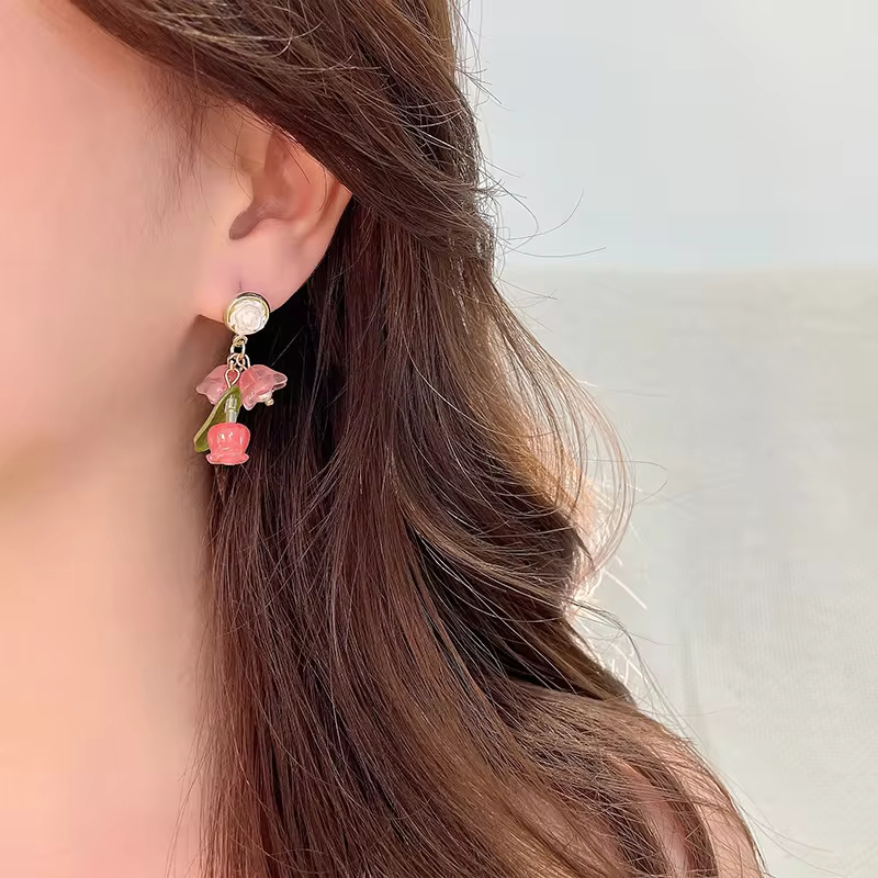 Ear Clips Flower Peach Heart Shaped Earrings , Comfortable and Secure Daily Wear, view 9