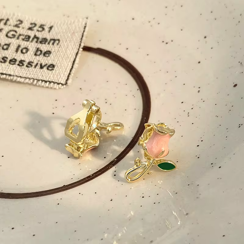 Ear Clips Flower Peach Heart Shaped Earrings , Comfortable and Secure Daily Wear, view 3