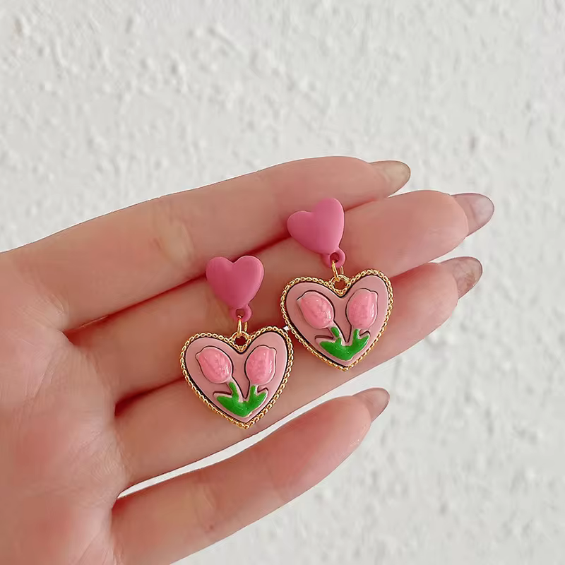 Ear Clips Flower Peach Heart Shaped Earrings , Comfortable and Secure Daily Wear, view 5