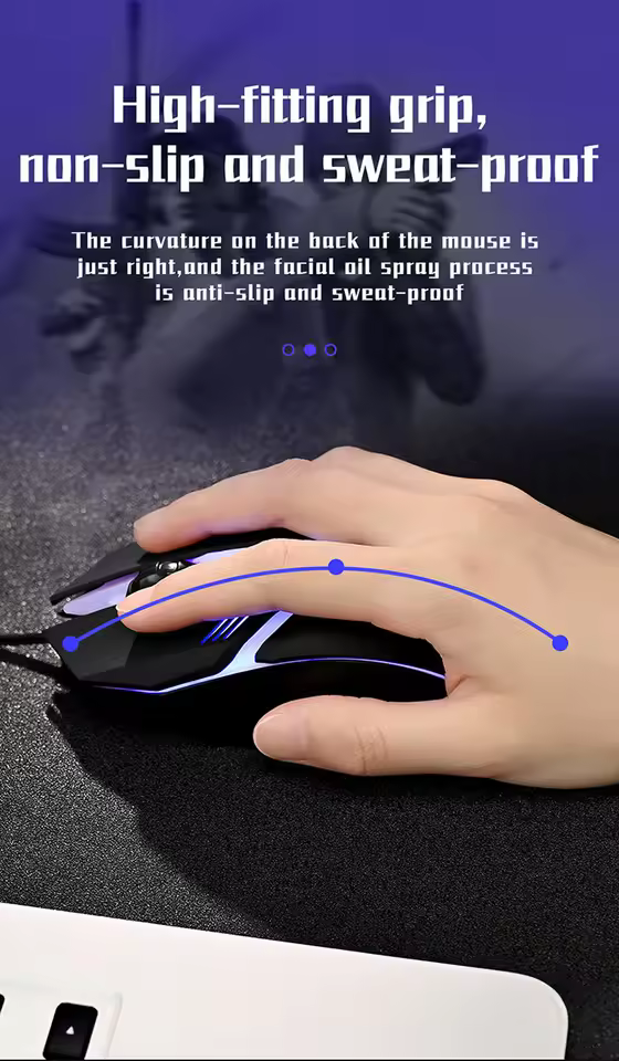 Ergonomic Wired Gaming Mouse with Adjustable DPI and Optical Sensor in black, view 10