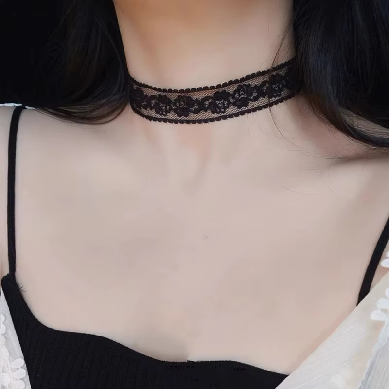 Everyday Classic Lace Rose Flower Necklace for Women in black, view 5
