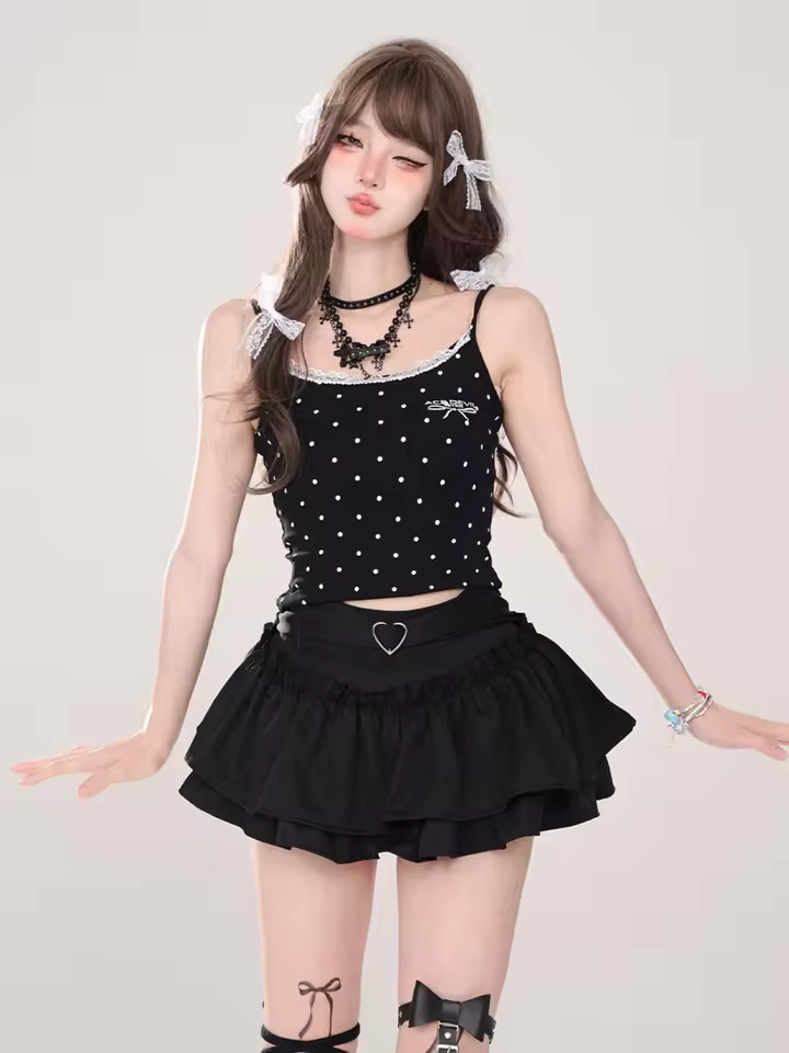 Goth Pink Skirt with Lace Trim and Pleated A-Line Silhouette in black, view 17