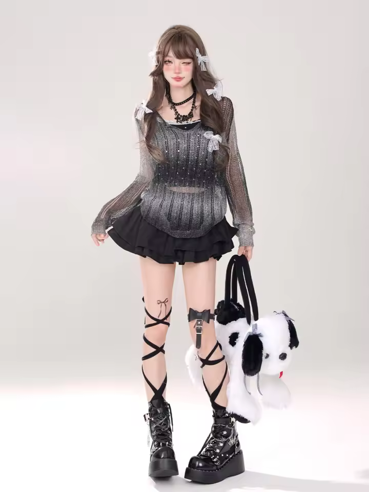 Goth Pink Skirt with Lace Trim and Pleated A-Line Silhouette in black, view 15