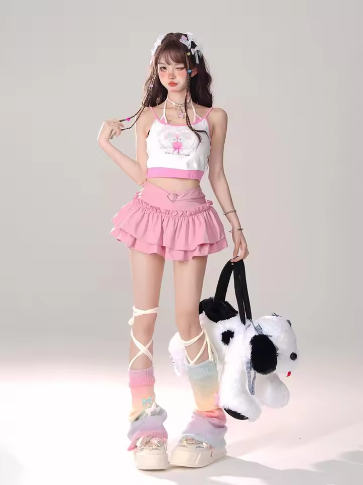 Goth Pink Skirt with Lace Trim and Pleated A-Line Silhouette in Pink, view 20