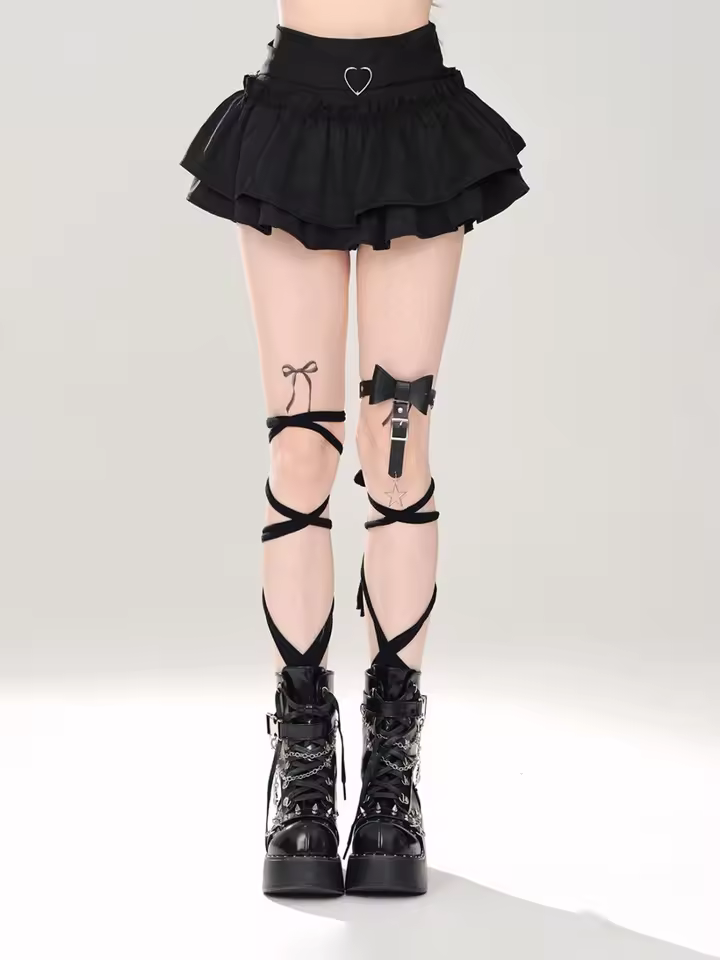 Goth Pink Skirt with Lace Trim and Pleated A-Line Silhouette in black, view 5