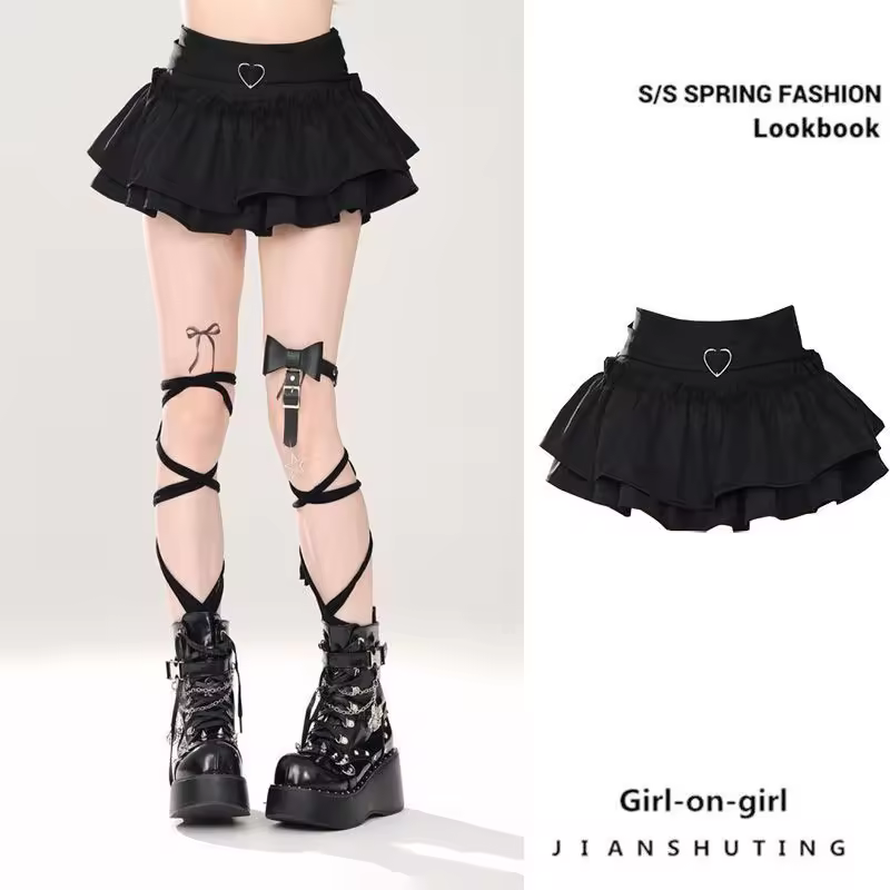 Goth Pink Skirt with Lace Trim and Pleated A-Line Silhouette in black, view 4