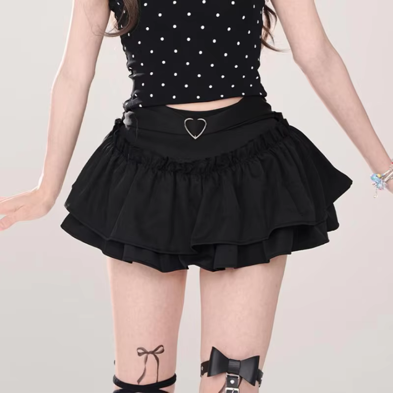 Goth Pink Skirt with Lace Trim and Pleated A-Line Silhouette in black, view 2