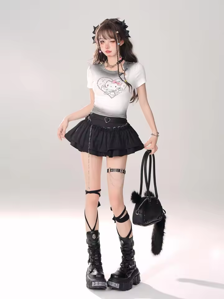 Goth Pink Skirt with Lace Trim and Pleated A-Line Silhouette in black, view 10