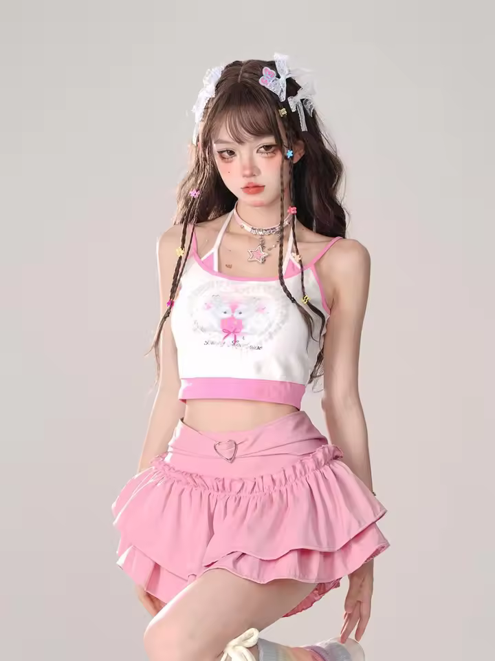 Goth Pink Skirt with Lace Trim and Pleated A-Line Silhouette in Pink, view 2