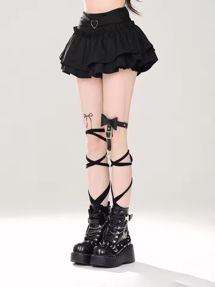 Goth Pink Skirt with Lace Trim and Pleated A-Line Silhouette in black, view 7