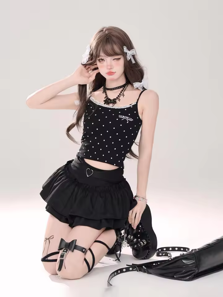 Goth Pink Skirt with Lace Trim and Pleated A-Line Silhouette in black, view 18