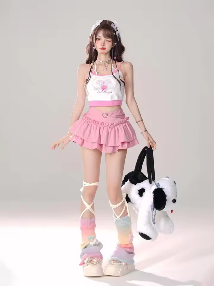 Goth Pink Skirt with Lace Trim and Pleated A-Line Silhouette in Pink, view 19