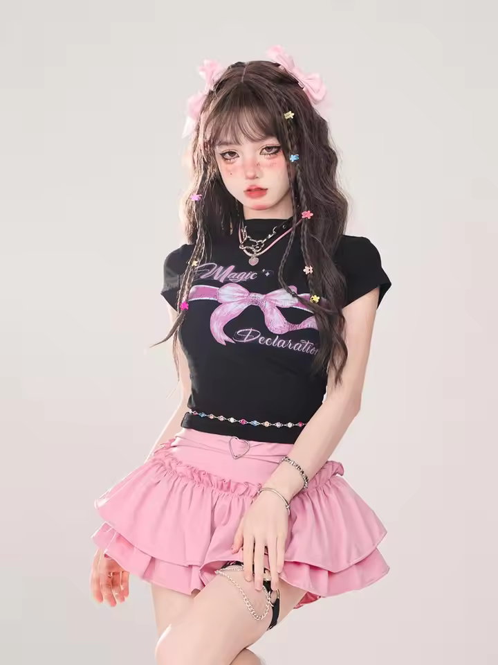Goth Pink Skirt with Lace Trim and Pleated A-Line Silhouette in Pink, view 9
