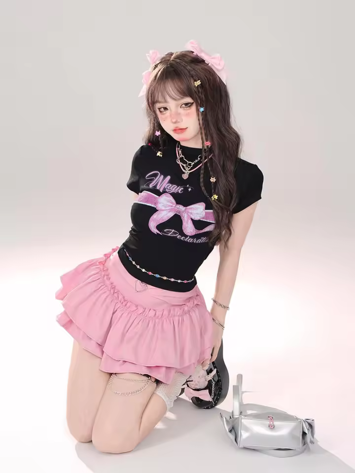 Goth Pink Skirt with Lace Trim and Pleated A-Line Silhouette in Pink, view 10