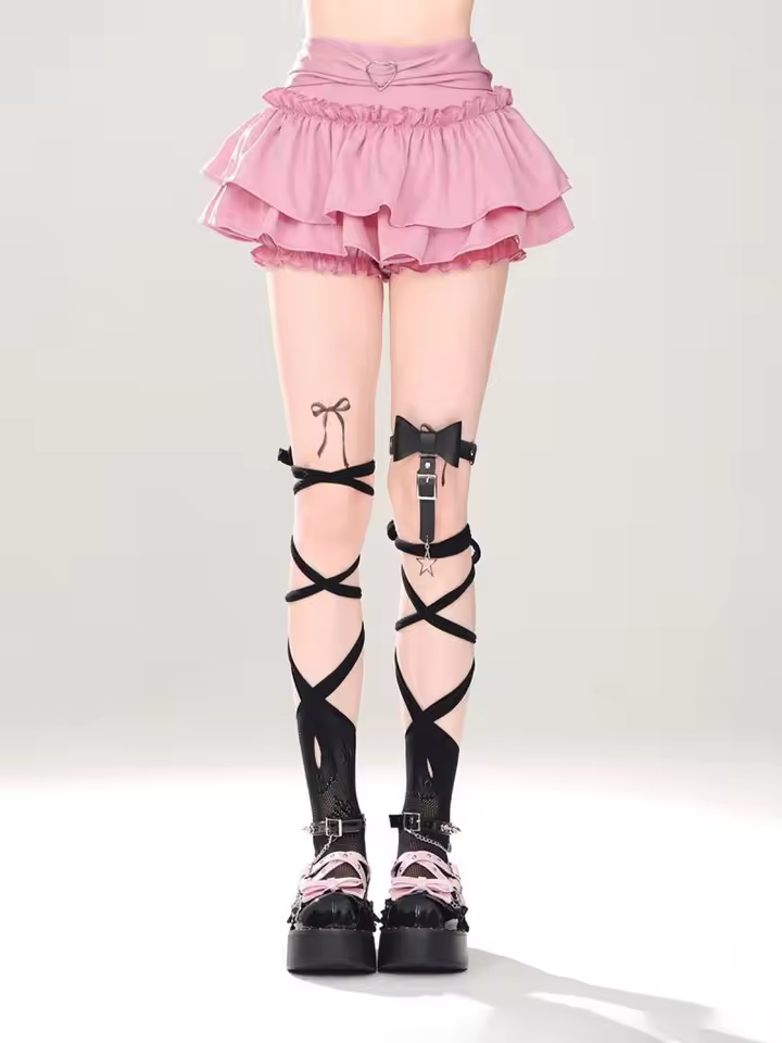 Goth Pink Skirt with Lace Trim and Pleated A-Line Silhouette in Pink, view 6