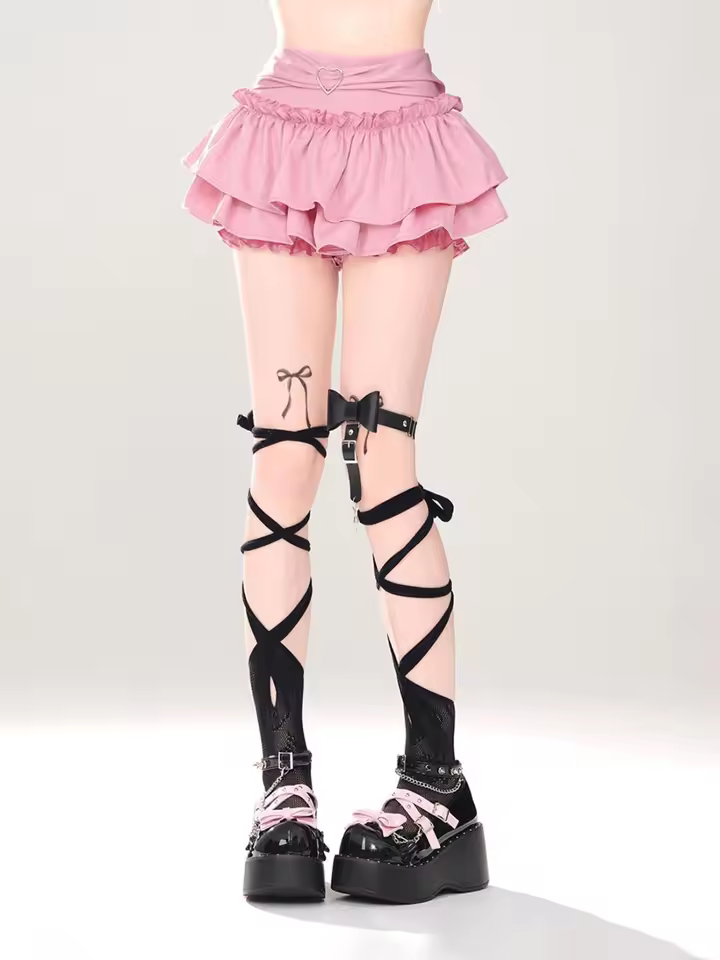 Goth Pink Skirt with Lace Trim and Pleated A-Line Silhouette in Pink, view 7