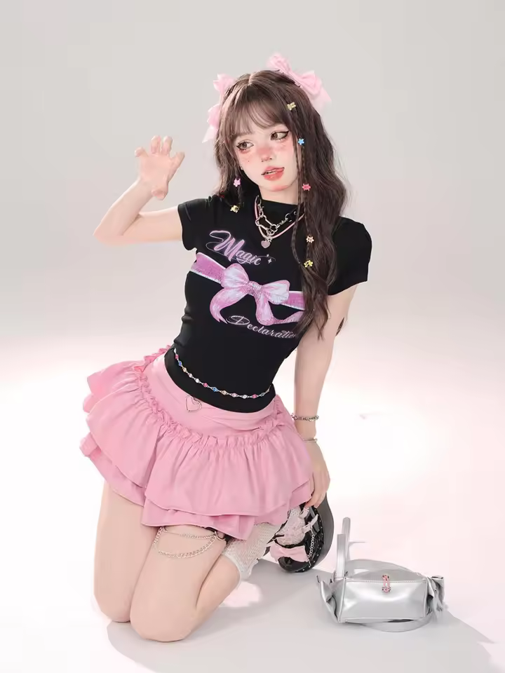 Goth Pink Skirt with Lace Trim and Pleated A-Line Silhouette in black, view 22