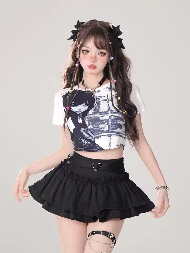 Goth Pink Skirt with Lace Trim and Pleated A-Line Silhouette in black, view 11