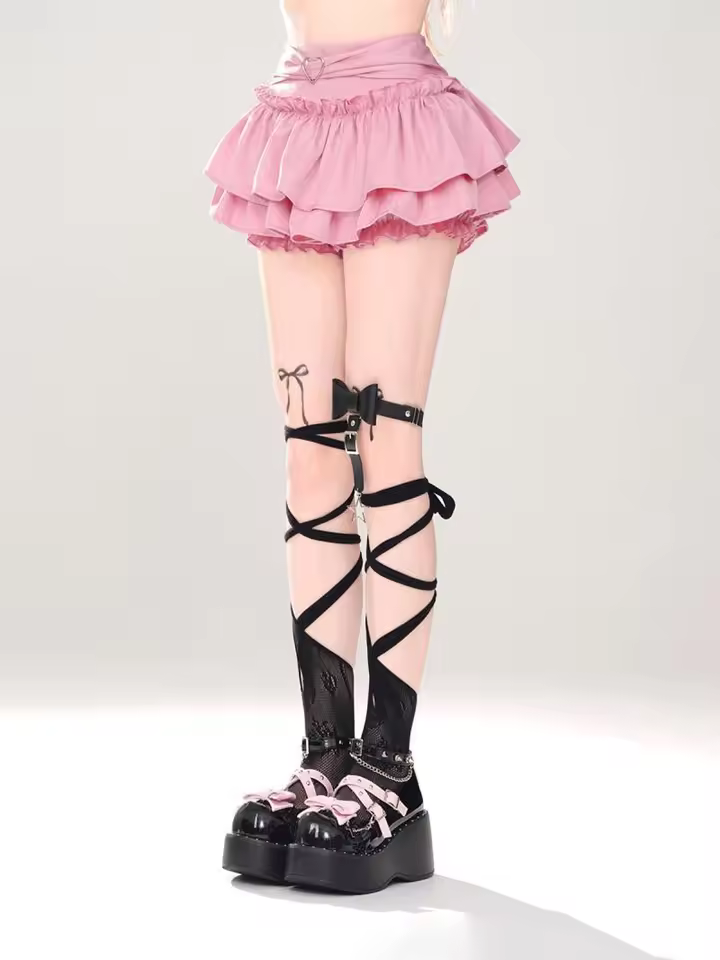 Goth Pink Skirt with Lace Trim and Pleated A-Line Silhouette in Pink, view 8