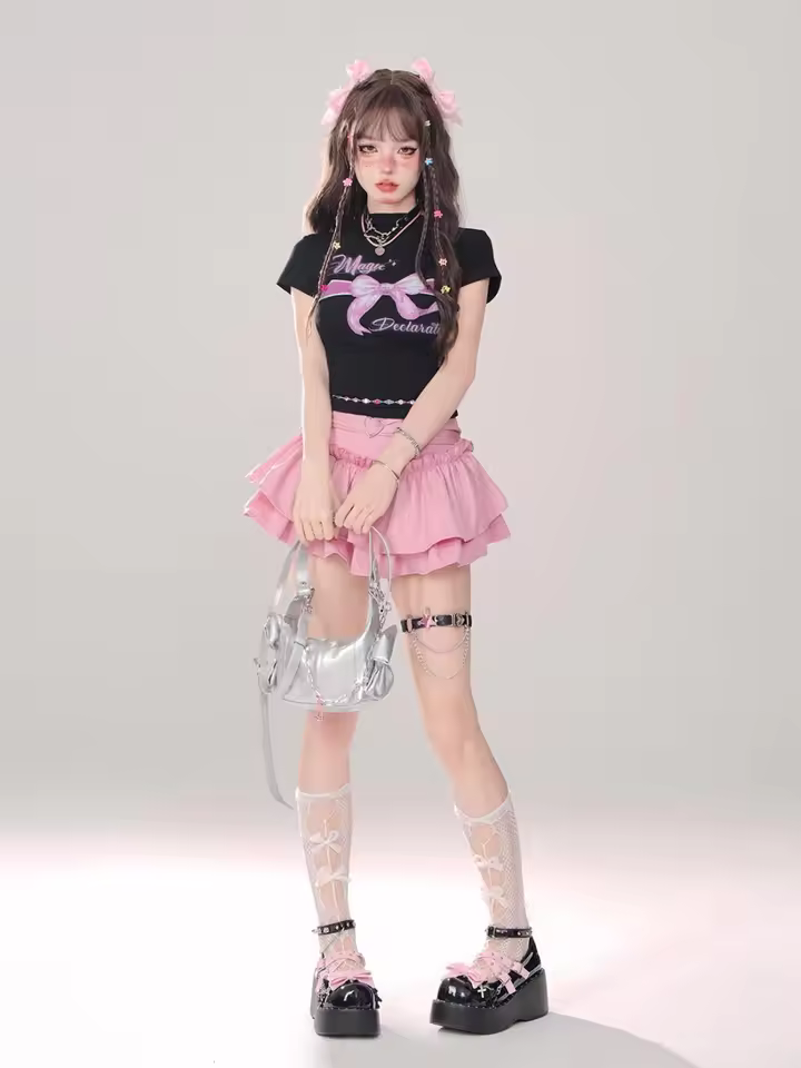 Goth Pink Skirt with Lace Trim and Pleated A-Line Silhouette in Pink, view 11