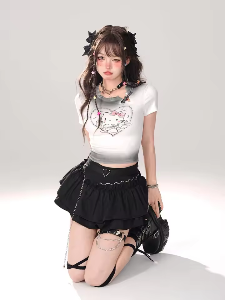 Goth Pink Skirt with Lace Trim and Pleated A-Line Silhouette in black, view 9