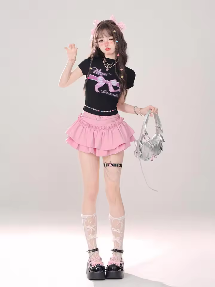 Goth Pink Skirt with Lace Trim and Pleated A-Line Silhouette in black, view 23