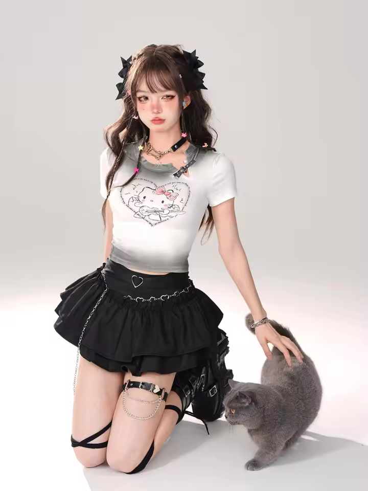 Goth Pink Skirt with Lace Trim and Pleated A-Line Silhouette in black, view 8