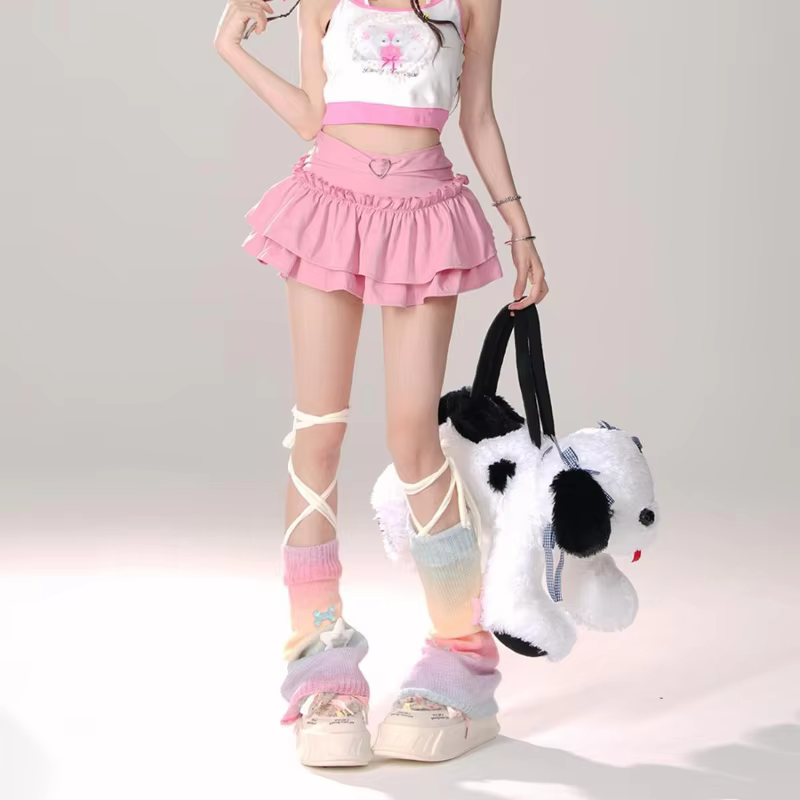 Goth Pink Skirt with Lace Trim and Pleated A-Line Silhouette in Pink, view 3
