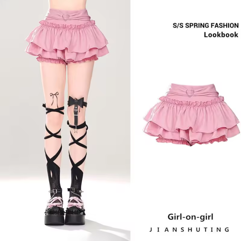 Goth Pink Skirt with Lace Trim and Pleated A-Line Silhouette in Pink, view 5