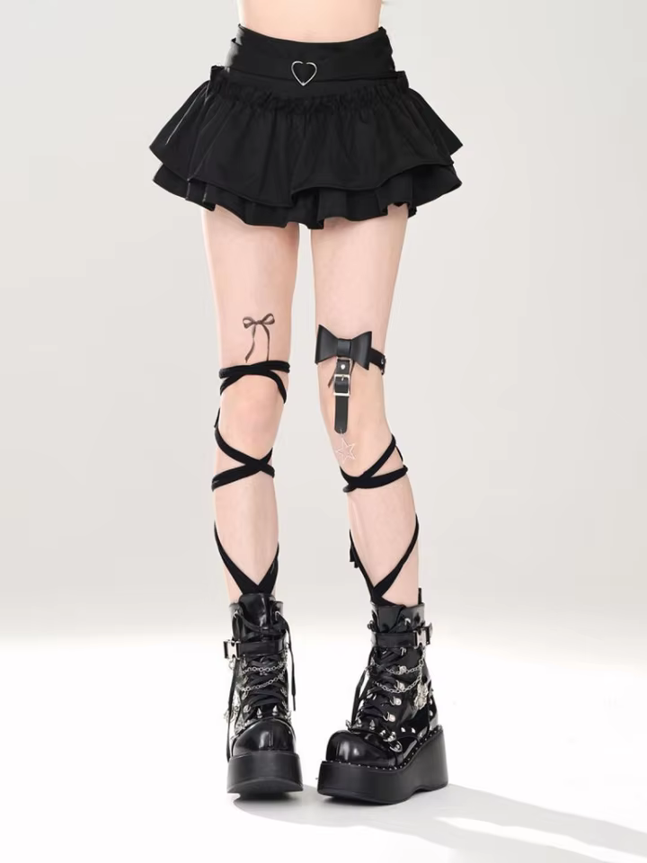 Goth Pink Skirt with Lace Trim and Pleated A-Line Silhouette in black, view 3