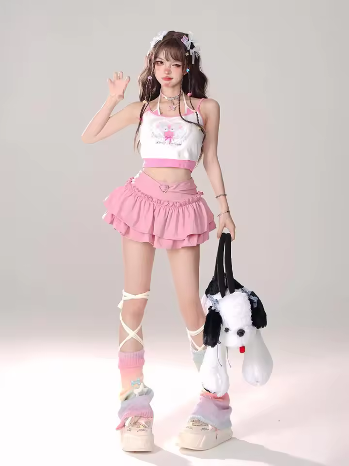 Goth Pink Skirt with Lace Trim and Pleated A-Line Silhouette in Pink, view 21