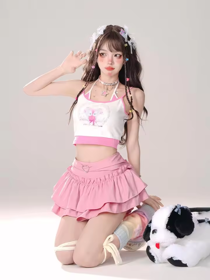 Goth Pink Skirt with Lace Trim and Pleated A-Line Silhouette in Pink, view 18