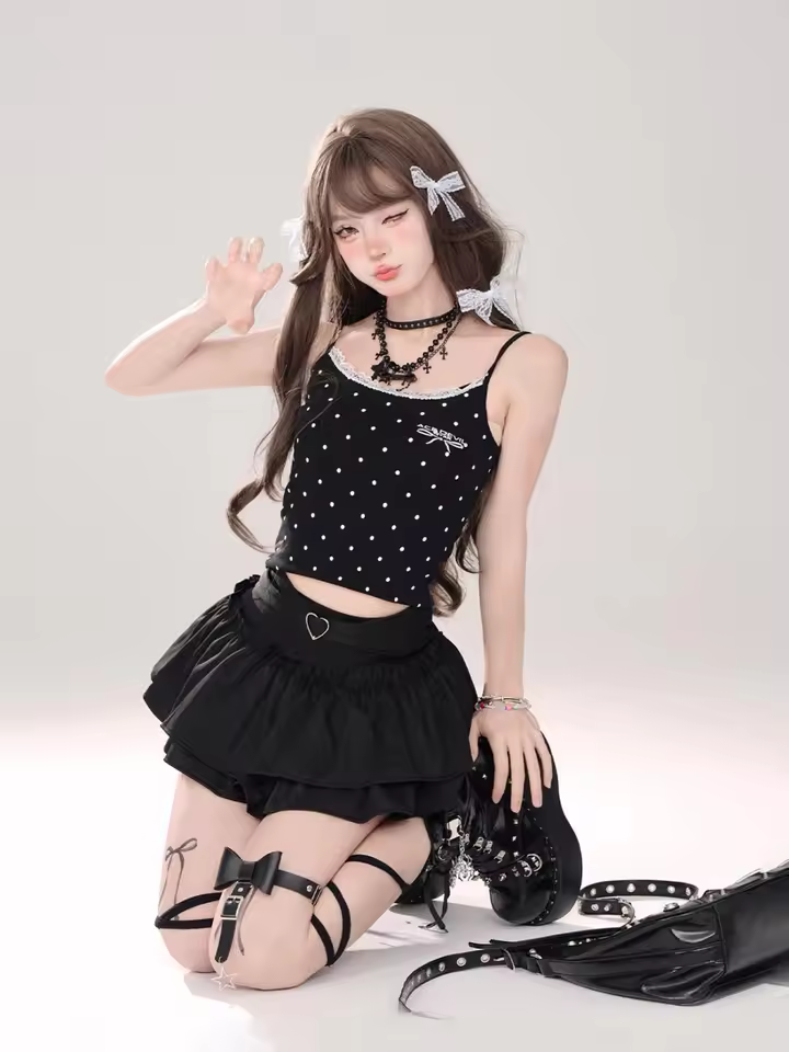 Goth Pink Skirt with Lace Trim and Pleated A-Line Silhouette in black, view 19