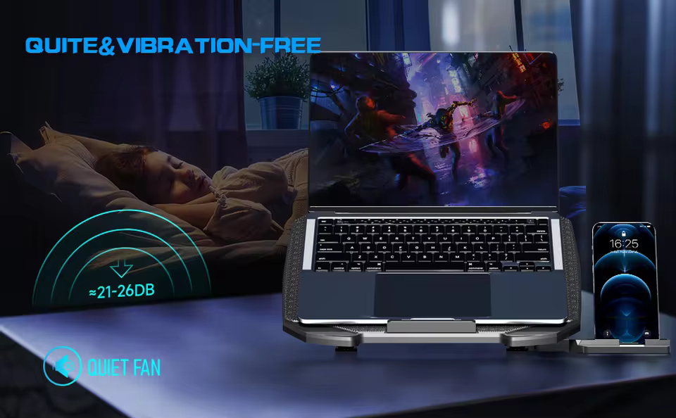 High-Performance RGB Gaming Laptop Cooling Pad with Dual Silent Fans in black, view 10