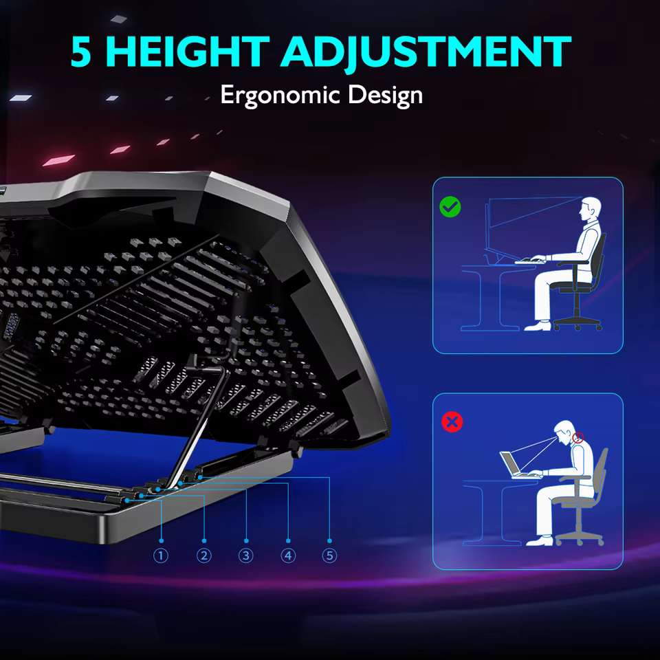 High-Performance RGB Gaming Laptop Cooling Pad with Dual Silent Fans in black, view 6