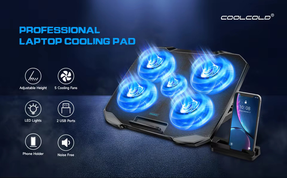 High-Performance RGB Gaming Laptop Cooling Pad with Dual Silent Fans in black, view 8