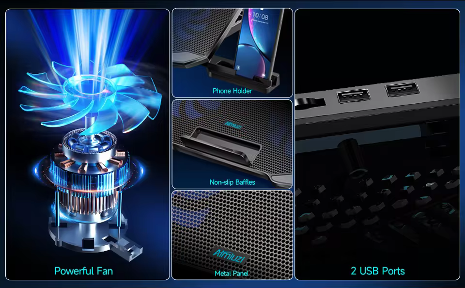 High-Performance RGB Gaming Laptop Cooling Pad with Dual Silent Fans in black, view 11